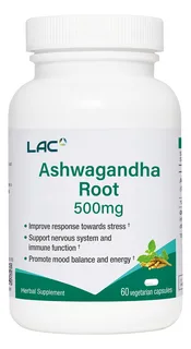 LAC Ashwagandha-ын үндэсний хандмал 500 мг — 60 капсул — Урд талаас